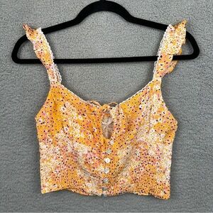 Sim & Sam Top Womens Medium Orange Ditsy Floral Smocked Ruffle Crop Y2K Boho NEW